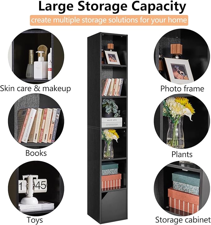 IBUYKE 6 Tier Tall Narrow Bookcase, Modern Black Corner Bookcase with Doors Storage,Cube Media Tower Rack,Cabinet,Floor Standing Display Storage Shelves for Small Spaces,for Home Office Black UWBC001B - LeafyLoom