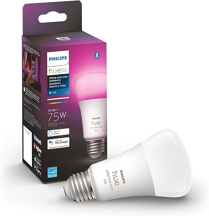 Philips Hue Smart Plug, White - 1 Pack - Turns Any Light Into a Smart Light - Control with Hue App & Smart 75W A19 LED Bulb - White and Color Ambiance Color-Changing Light - 1 Pack PhilipsHue