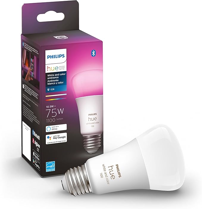 Philips Hue Smart 100W A21 LED Bulb - White Ambiance Warm-to-Cool White Light - 1 Pack - 1600LM & Smart 75W A19 LED Bulb - White and Color Ambiance Color-Changing Light - 1 Pack Philips+Hue