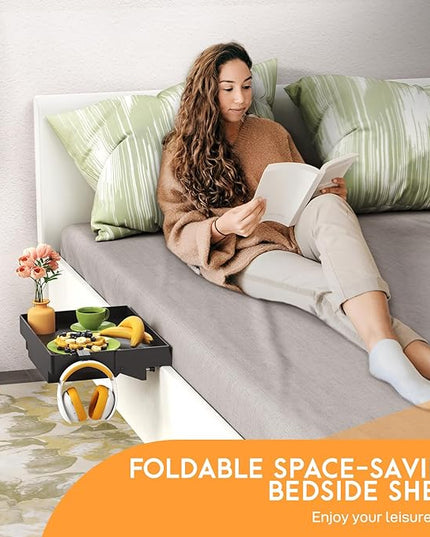 SPACELEAD Bedside Shelf for Bed – College Dorm Room Clip On Nightstand with Cup Holder & Cord Holder&drawer – Bunk Bed Shelf for Organizer Top for Bedroom (Black，Plastic) - LeafyLoom