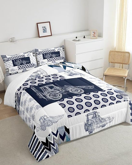 Feelyou Kids Construction Comforter Set Queen Size Equipment Trucks Bedding Set for Boys Cartoon Car Excavator Tractor Comforter Construction Vehicles Plaid Grid Blue and White Duvet Set - LeafyLoom
