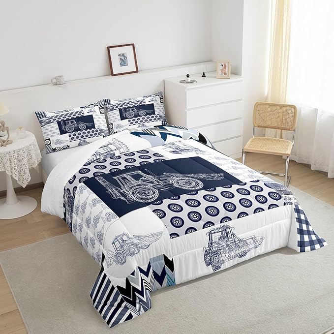 Kids Construction Comforter Set Full Size Equipment Trucks Bedding Set for Boys Cartoon Car Excavator Tractor Comforter Construction Vehicles Plaid Grid Blue and White Duvet Set - LeafyLoom