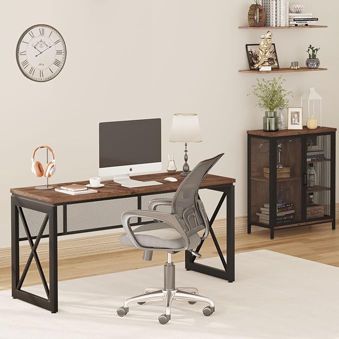 BON AUGURE 60 Inch Computer Desk for Home Office, Industrial Metal Wood Desk, Farmhouse Large Writing Desk, Modern Sturdy Gaming Desk (Rustic Oak) - LeafyLoom