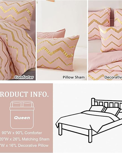 Pink Comforter Set Queen Size, Metallic Blush and Rose Gold Bedding Set, 4 Piece Lightweight Microfiber Bed Set for Teen Girls Women (2 Pillow Shams + 1 Decorative Pillow Sham) - LeafyLoom