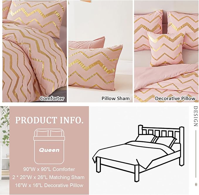 Pink Comforter Set Queen Size, Metallic Blush and Rose Gold Bedding Set, 4 Piece Lightweight Microfiber Bed Set for Teen Girls Women (2 Pillow Shams + 1 Decorative Pillow Sham) - LeafyLoom