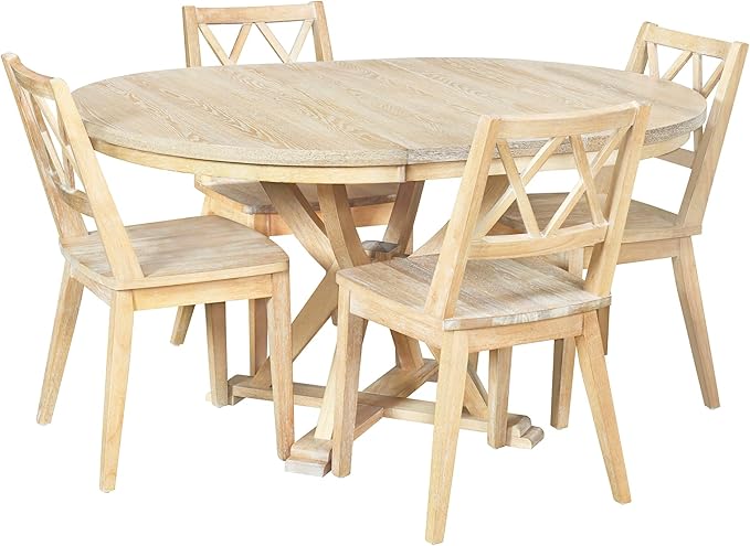 Mid-Century Round 15.7" Removable Leaf, Extending w/4 Cross Back Chairs, Room, Kitchen, Small Place, 5 Piece Dining Table Set, Natural 18 - LeafyLoom