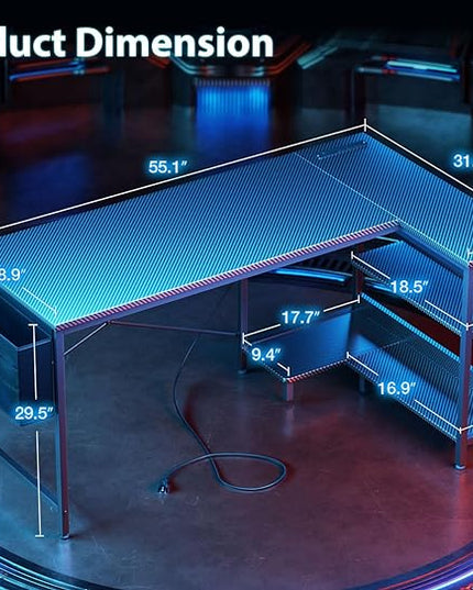ODK 55 Inch L Shaped Gaming Computer Desk with Power Outlets,Corner Desk with Reversible Storage Shelves & PC Stand for Small Space, Modern Simple Home Office Table, Carbon Fiber Surface, Black - LeafyLoom
