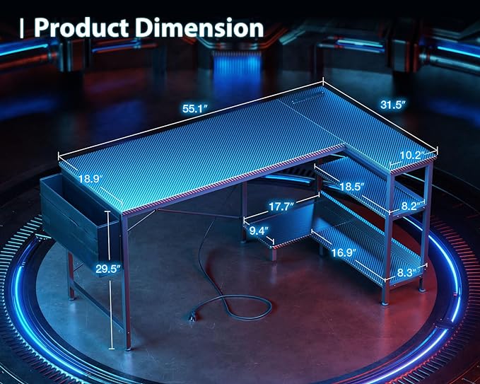ODK 55 Inch L Shaped Gaming Computer Desk with Power Outlets,Corner Desk with Reversible Storage Shelves & PC Stand for Small Space, Modern Simple Home Office Table, Carbon Fiber Surface, Black - LeafyLoom