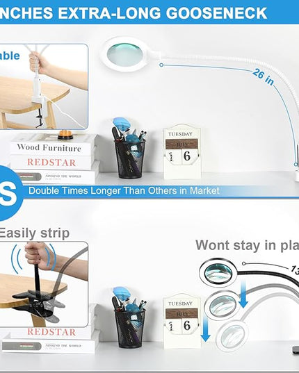 26" Gooseneck Magnifying Lamp with Clamp, 5 Color Modes Stepless Dimmable LED Desk Light with Magnifying Glass, 10X Real Glass Lighted Magnifier Hands Free for Painting Close Work Craft Hobby - LeafyLoom