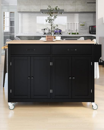 Solid Wood Top, Mobile Carts with Storage Cabinet, Rolling Kitchen Table w/Spice, Towel Rack, and Drawer, Portable Islands on Wheels, Black, 54.33 Inch - LeafyLoom