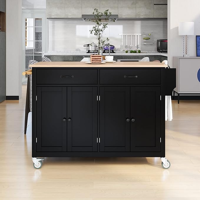 Solid Wood Top, Mobile Carts with Storage Cabinet, Rolling Kitchen Table w/Spice, Towel Rack, and Drawer, Portable Islands on Wheels, Black, 54.33 Inch - LeafyLoom