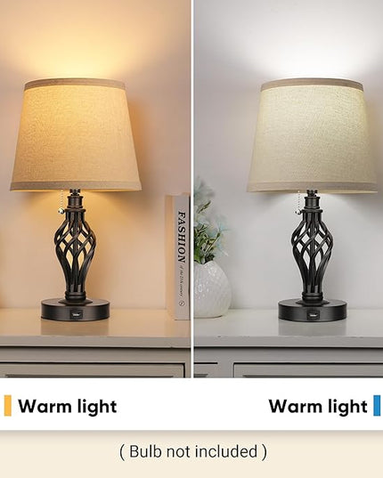 PARTPHONER Table Lamps Set of 2, Farmhouse Bedside Lamps with USB Ports, Nightstand Lamp Cream Drum Shade Spiral Cage Base Desk Lamps for Living Room Bedroom Study Room without Bulb - LeafyLoom
