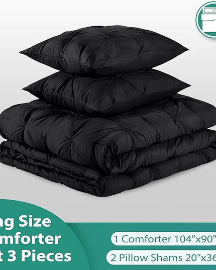 downluxe Pintuck King Size Comforter Set with 2 Pillow Shams - 3-Piece - Black King Comforter Set for All Seasons, Pinch Pleat Microfiber Down Alternative Bedding Comforter Sets - LeafyLoom