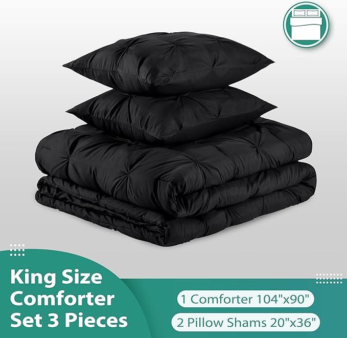 downluxe Pintuck King Size Comforter Set with 2 Pillow Shams - 3-Piece - Black King Comforter Set for All Seasons, Pinch Pleat Microfiber Down Alternative Bedding Comforter Sets - LeafyLoom