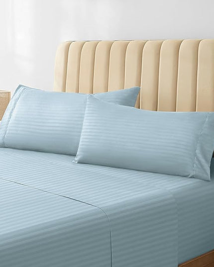 LuxClub Striped Sheets, 4 PC Striped Bed Sheets Twin Size, Deep Pockets 18" Eco Friendly Wrinkle Free-Kids-Fitted Sheets Machine Washable Hotel Bedding (Twin XL, Light Blue) - LeafyLoom
