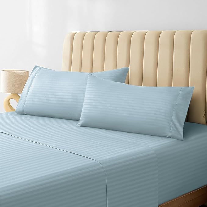 LuxClub Striped Sheets, 4 PC Striped Bed Sheets Twin Size, Deep Pockets 18" Eco Friendly Wrinkle Free-Kids-Fitted Sheets Machine Washable Hotel Bedding (Twin XL, Light Blue) - LeafyLoom