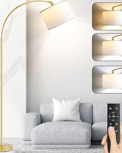 Arc Floor Lamps for Living Room, Modern Remote Control Standing FLamp with Stepless Dimmable, Gold Tall Lamp with White Drum Shade,Over Couch Arched Reading Light for Bedroom, Office(Bulb Included) - LeafyLoom