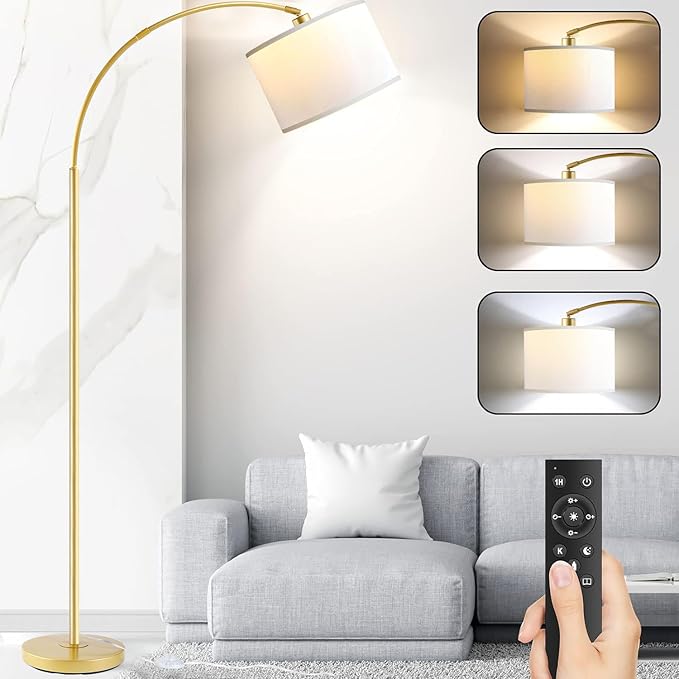 Arc Floor Lamps for Living Room, Modern Remote Control Standing FLamp with Stepless Dimmable, Gold Tall Lamp with White Drum Shade,Over Couch Arched Reading Light for Bedroom, Office(Bulb Included) - LeafyLoom