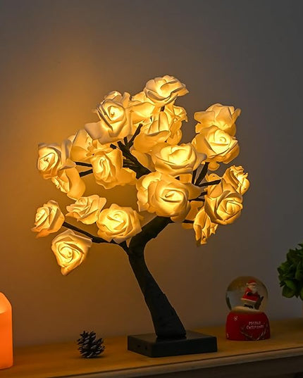 Rose Flower Tree Lamp, Led Rose Table Lamp Gift for Teens Girls Mother Home , Battery Powered, Romantic Tabletop Night Lighting for Bedroom Living Room Party Wedding Valentine's Day Desk Decor - LeafyLoom