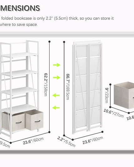 4NM No-Assembly Folding Bookshelf Storage Shelves 5 Tiers with 2 Drawers Vintage Bookcase Standing Racks Study Organizer Home Office (All White) - LeafyLoom