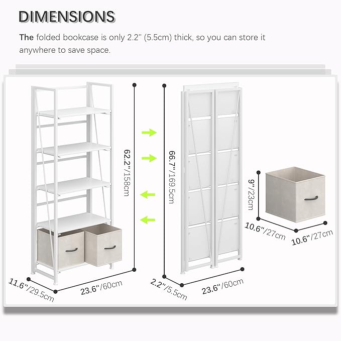 4NM No-Assembly Folding Bookshelf Storage Shelves 5 Tiers with 2 Drawers Vintage Bookcase Standing Racks Study Organizer Home Office (All White) - LeafyLoom