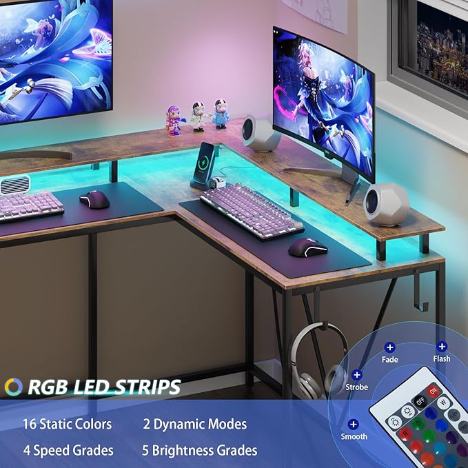L Shaped Gaming Desk with Power Outlets & LED Lights, Computer Desk with Monitor Stand & Storage Shelf, Home Office Desk Corner Desk with Hooks, Easy to Assemble, Rustic Brown - LeafyLoom