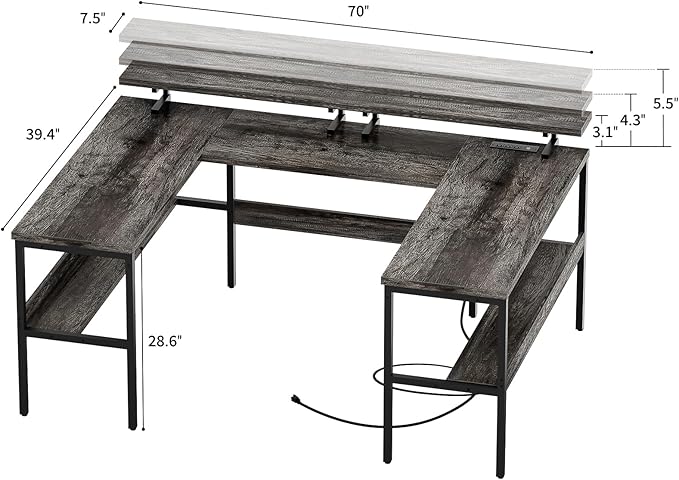 Customizable U Shaped Computer Desk with Adjustable Monitor Stand, Reversible L Shaped Gaming Desk with Power Outlet and Smart LED Light, Sturdy Office Desk with Storage Shelves, Black Oak - LeafyLoom