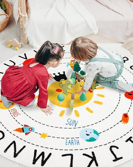 ABC Kids Rug,4 ft Washable Nursery Rug,Soft Plush Educational Circle Rug,Non-Slip Solar System Alphabet Rug for Classroom playroom Bedroom Kids Room Decor - LeafyLoom