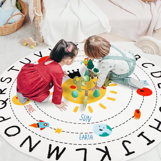 ABC Kids Rug,4 ft Washable Nursery Rug,Soft Plush Educational Circle Rug,Non-Slip Solar System Alphabet Rug for Classroom playroom Bedroom Kids Room Decor - LeafyLoom
