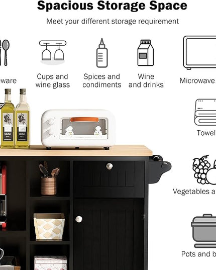 Kitchen Island with Storage on Wheels,Kitchen Island Cart w/Wine Storage Rack and 2 Drawers, Solid Wood Desktop Buffet Server Sideboard for Dining Room, Coffee Bar - LeafyLoom