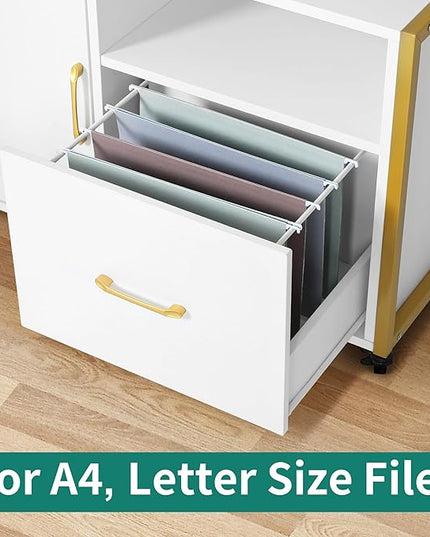 YITAHOME Wood File Cabinet with Charging Station, Rolling Filing Cabinet Cart with Door, Industrial Nightstand with Printer Shelf for Home Office, Bedroom, Living Room, Entryway, Gold and White - LeafyLoom
