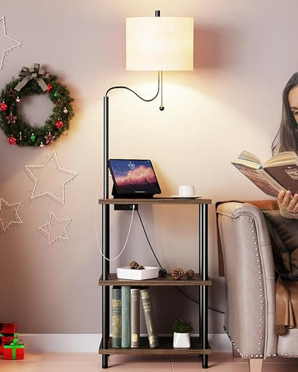 Floor Lamp End Table with Charging Station, Retro Bedside Table with Lamp for Living Room, Small Side Table Nightstand for Bedroom, Floor Lamp with USB Ports Type-C(Bulb Included) - LeafyLoom