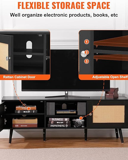 VEVOR Rattan TV Stand for 65 inch TV, Boho TV Stand with Rattan Door, Entertainment Center with Build-in Socket and USB Ports, Modern TV Console for Living Room, Media Room, Black - LeafyLoom