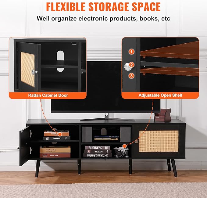 VEVOR Rattan TV Stand for 65 inch TV, Boho TV Stand with Rattan Door, Entertainment Center with Build-in Socket and USB Ports, Modern TV Console for Living Room, Media Room, Black - LeafyLoom