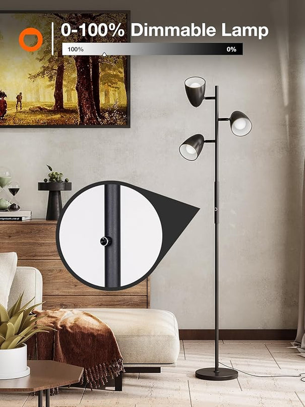 addlon dimmable Tree Floor Lamp with 3 LED Bulbs, Adjustable Rotating Lights, Standing Tall Pole Lamps for Living Room, Bedroom, Home, Office - Black & Gold - LeafyLoom