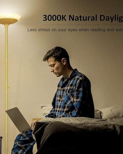 BoostArea Torchiere Floor Lamp, 24W Super Bright LED Standing Lamp, 3000K Stepless Dimmable Pole Lamp with Rotary Switch, 70 Inch Tall Metal Modern Floor Lamps for Living Room/Bedroom/Office/Den, Gold - LeafyLoom