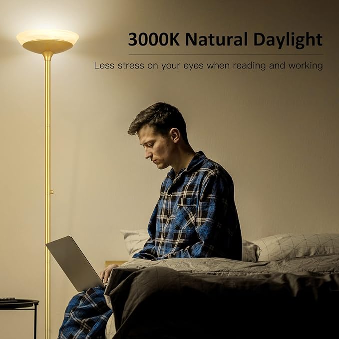 BoostArea Torchiere Floor Lamp, 24W Super Bright LED Standing Lamp, 3000K Stepless Dimmable Pole Lamp with Rotary Switch, 70 Inch Tall Metal Modern Floor Lamps for Living Room/Bedroom/Office/Den, Gold - LeafyLoom