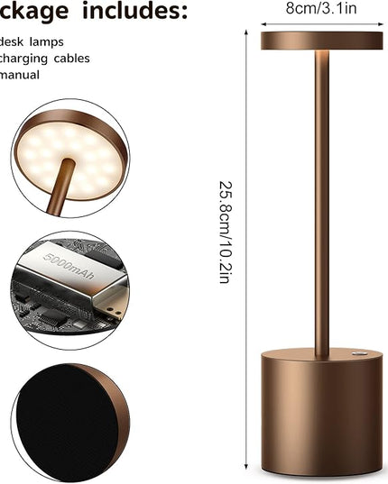 2Pack Cordless Table Lamp, Rechargeable LED Battery 5000mAh Metal USB Portable Powered Desk Lamp, 3 Levels Brightness Light for Restaurants Outdoor (2 pack 10.25in Coffee) - LeafyLoom