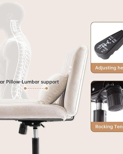 Criss Cross Armless Home Office Chair with Replaceable Wheels/Fixed Base and Lumbar Support for Living Room, Wide Seat Adjustable Legged Swivel Chair, Comfy Linen Computer Chair for Vanity, Beige - LeafyLoom