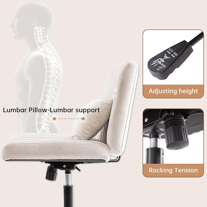 Criss Cross Armless Home Office Chair with Replaceable Wheels/Fixed Base and Lumbar Support for Living Room, Wide Seat Adjustable Legged Swivel Chair, Comfy Linen Computer Chair for Vanity, Beige - LeafyLoom