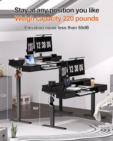 Electric Standing Desk, 55 Inches Height Adjustable Desk with Monitor Shelf, Large Sit Stand Desk with Drawers, Smart Home Office Computer Desk, Classic Black - LeafyLoom