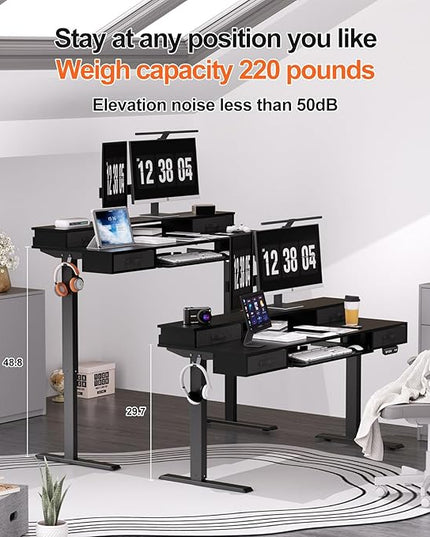 Electric Standing Desk, Multifunctional Standing Desk Adjustable Height, 63 * 24 Standing Desk with 4 Drawers, Ergonomic Adjustable Standing Desk with Keyboard Tray, Classic Black - LeafyLoom
