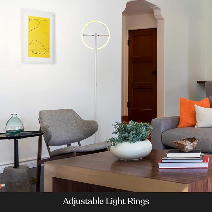 Brightech Halo Split Floor Lamp, Modern Bright LED Torchiere Floor Lamp for Offices - Dimmable, Tall Standing Lamp for Living Room or Bedroom - Adjustable Light w/Rotating Angles - Platinum Silver - LeafyLoom