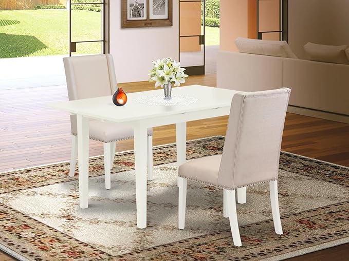 East West Furniture NOFL3-LWH-01 3 Piece Dinette Set for Small Spaces Contains a Rectangle Butterfly Leaf Table and 2 Cream Linen Fabric Upholstered Chairs, 32x54 Inch - LeafyLoom