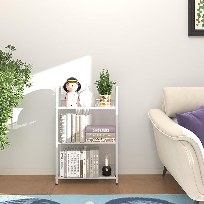 Bookshelf Storage Shelf Bookcase Freestanding Storage Stand Book Organizer for Living Room, Bedroom, Kitchen, Rust Resistance,Easy Assembly Multi-Functional Organizer(3 Tiers,White) - LeafyLoom