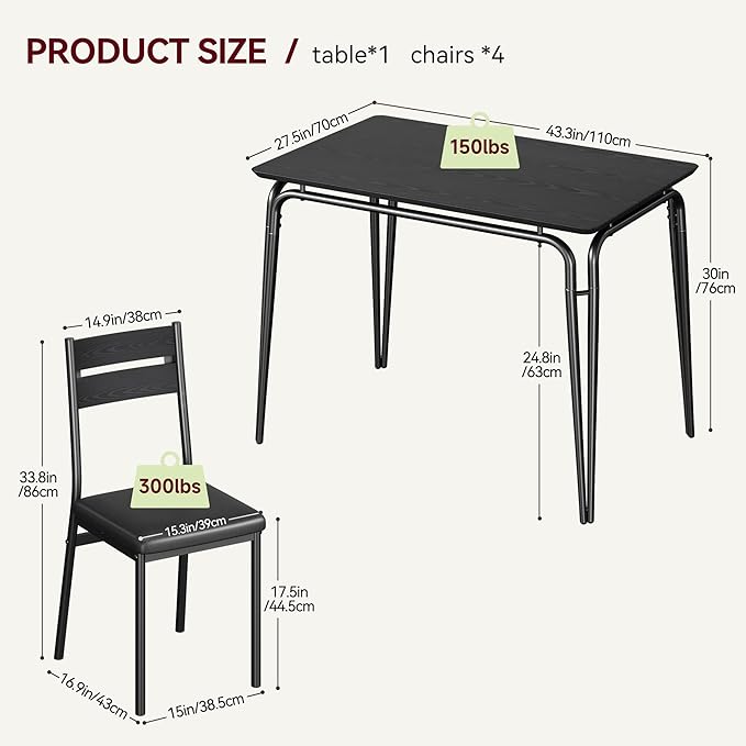 Dining Table for 4, Small Table and Chairs Set of 4, Square Dinette Set for 4, Dinner Table Set, 3 Piece Kitchen & Dining Room Sets for Small Space, Apartment (Black, Dining Table with 4 Chairs) - LeafyLoom