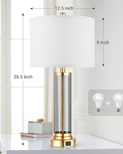 QiMH Touch Control Table Lamp Set of 2 with USB A+C Ports, 3-Way Dimmable Nightstand Lamp with Fabric Cream Shade, Modern Bedside Lamp for Living Room Bedroom Reading, LED Bulbs Included - LeafyLoom