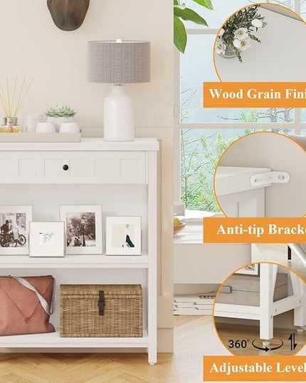 FATORRI Small Bookcase with Drawer, Wood and Metal Bookshelf for Small Space, Short Book Shelf and Low Book Case for Living Room (White Oak) - LeafyLoom