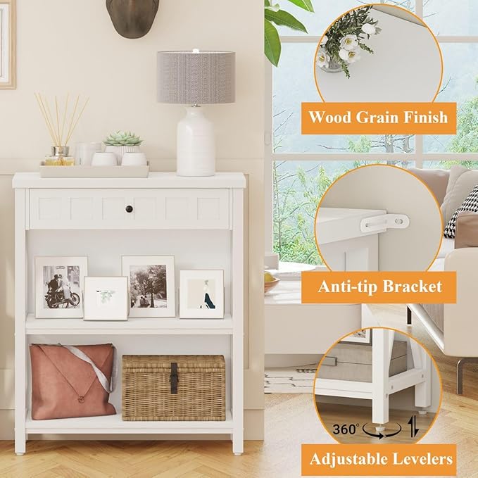 FATORRI Small Bookcase with Drawer, Wood and Metal Bookshelf for Small Space, Short Book Shelf and Low Book Case for Living Room (White Oak) - LeafyLoom