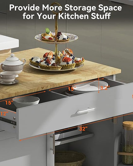 Island with Storage, Rolling Kitchen Cart on Wheels w/Drop Leaf, Internal Cabinet, Adjustable Shelf Towel Rack and Rubber Wood Countertop, for Dining Room, Home, Grey, 39 Inch - LeafyLoom